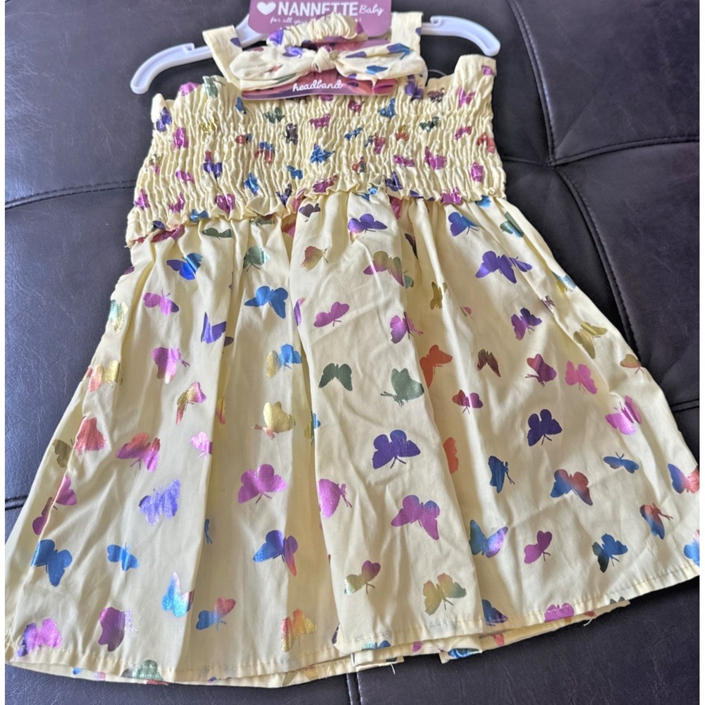 Nannette Baby 6-9 Months Smocked Metallic Butterfly 3 Pc Sundress Set Yellow